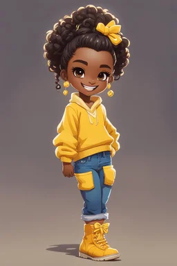 Create a detailed and vibrant illustration of a chibi-style character with dark skin and curly hair tied back in a high ponytail with a yellow scrunchie. The character is wearing a yellow off-shoulder sweater, blue jeans, and tan-colored boots with fluffy white trim. The character has a confident and cheerful expression, with large expressive eyes and a bright smile. Add gold hoop earrings and a heart-shaped necklace. The character should be standing in a dynamic pose with one hand on their hip,