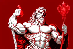 Detailed and realistic illustration of Greek god Zeus holding a red bold in het left hand and white bold in right hand. Detailed, Strong, Powerful.