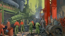 A surreal figurative painting of workers in an industrial landscape with strange machinery and smokestacks, multiple figures interacting in mysterious tasks, dreamlike narrative atmosphere, muted pastel colors with olive greens, rust reds and pale blues, dramatic lighting and long shadows, layered composition with impossible perspectives, oil painting on large canvas inspired by Neo Rauch