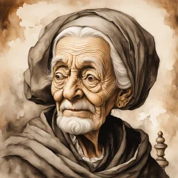 a Dutch Renaissance era ink wash and watercolor caricature illustration of a wizened and aged female elder apothecary highly detailed facial features, in the style of Pieter Brueghel the Elder , Hieronymus Bosch, and Gerald Scarfe aged canvas, craquelure finish, archaic masterpiece, 4k