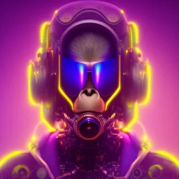 A beautiful portrait of a cyborg monkey purple neon color scheme, high key lighting, volumetric light high details psychedelic background