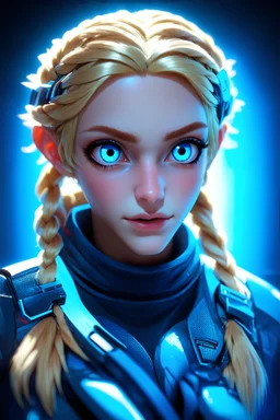 a close up of a person on a skateboard, by Andrei Kolkoutine, trending on cgsociety, digital art, blonde braids and blue eyes, futuristic ballroom. big eyes, epic cold blue lighting, 8k