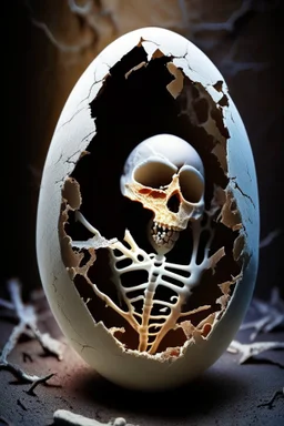 a haunting image of an embryonic human skeleton emerging from a cracked egg