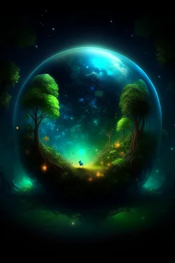 Planet Earth inside 2:1 sphere faces image. Enchanted forest. fireflies wandering. mystical.