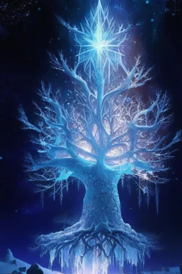 epic ice tree of life in star light in future world,ice and fire are always dramatic.