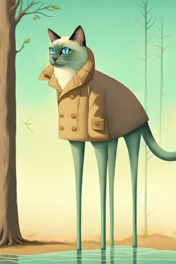 Surrealist minimalist illustration of [siamese cat] with extremely long slender legs, standing in [forest], wearing [a raincoat], under [tree]. Calm composition, full body view, centered, soft pastel gradients in the background, textured painterly style, smooth shading, clean lines. –no multiple characters, no clutter, no photorealism, no busy background