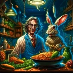 portrait of crazy scientist irradiating food inside grove with huge fluffy hare in the style of Escher, 4 k, down-light, soft light, depth of field, photo realism, trending on art station, high detail, spray paint