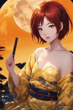 (Asian), short hair, fiery red hair hair, normal hands yukata, yellow clothes, 8k, best quality, winking, very dark night time, lighting from moon yellow moon, perfect, masterpiece, anime style, cartoon style,