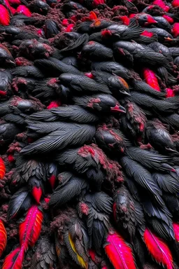 A pile of blood-soaked black feathers
