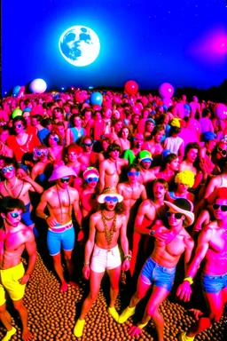 rave party in 80's with circus on the moon full