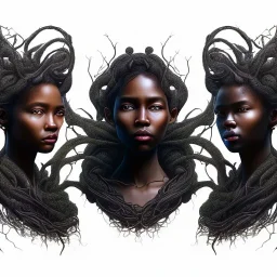 Painting .three women. A mother. Two daughter. Twins. A mother with her children. three young black women. wood nymphs emerging from the forest. Her hair looks like vines. Dreadlocs. Her skin is the colour of dark soil. Her skin looks like tree bark. Her clothing is made of vines, grass and leaves.