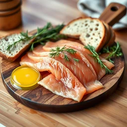 Prompt: "Thinly sliced gravlax garnished with fresh dill, served on a wooden platter with mustard sauce and rye bread slices. Captured in 8K with soft Nordic lighting."