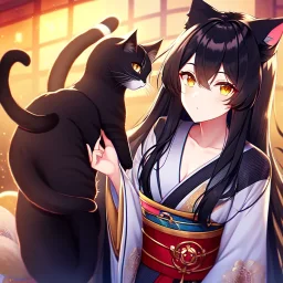 cat girl, masterpiece, best quality, volumetric lighting, detailed outfit, perfect eyes, black hair, golden eyes, long hair, tail, kimono,