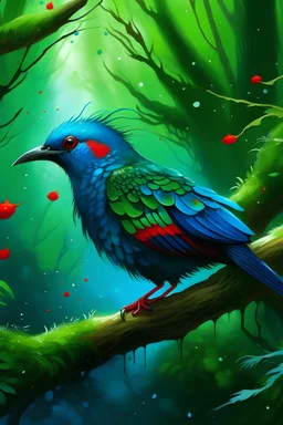 a big fierce blue and green bird breathing red dots in a forest on a tre