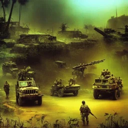 vietnam war. war report. jeep in jungle. poster. bokeh. lens flare. warm lights. high detailed. beksinski