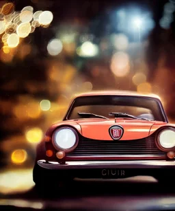 fiat 125p, city. high speed. bokeh. lens flare. warm lights. high detailed. oil on canvas