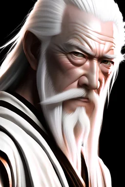 Bleach, Yamamoto Genryusai head captain, realistic, good lighting, warm lighting, emulate Nikon D6 high shutter speed action shot, 8K, trending on artstation, sword, old man, white hair