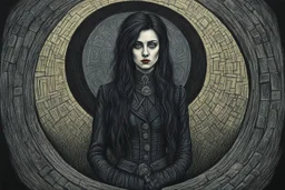 create a 3/4 profile full body oil pastel of a dark haired, , raggedly dressed, savage gothpunk vampire girl with highly detailed , sharply defined hair and facial features , in a dark circle of rune inscribed standing stones , in the style of JEAN-FRANCOIS MILLET and MARY CASSATT