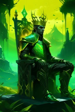 rei moreno adolecente com armadura verde neon e preto sem capacete com uma coroa dourada , sentado em um trono em 2075 com paisagem bonita atras dele