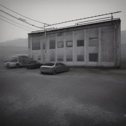 An empty carpark on a misty day. Telegraph poles and wires. Muted tones. Tilted horizon. With blotches, blurry areas and lens noise and grain. Hyper realistic Photo 4k