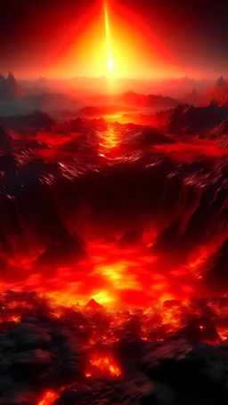 Lava lake in hell with land surrounding it, realistic