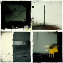 Minimal contemporary abstract oil paintings of desolate 1960s carpark with road markings and concrete fragments. Overlay with grungy typography graphics. style of Justin Mortimer and Francis Bacon.