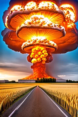 top right corner is a nuclear explosion mushroom cloud, top of explosion looks like a autumn tree full of leaves, add leaves falling everywhere in foreground, bottom 2/3 is a road through a wheat field, a wind is blowing away from the tree. a commercial building is on the middle left