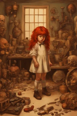 Little girl with red hair in Cyberpunk wunderkammer painted by Caravaggio, unsane details, soft colors, lot of space around the girl with a lot of strange objects