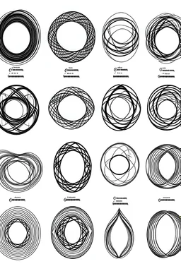 A page of 10 vector infinity symbols drawings 2 inverted C with clean fine line , black ink on white background