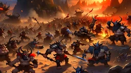 an army of humans, dwarfs, gnomes and night elves fighting an army of orcs, trolls, undead and bull people in a volcanic landscape