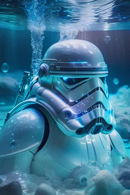 Photoreal stormtrooper under water in crystal refracting water at night