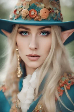 Perfect and beautiful elf, blond with felt hat and long hair, blue eyes