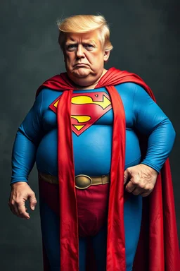 a thoroughly confused, frail, elderly and obese donald trump standing dressed as superman