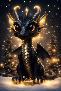 Realistic black Christmas dragon with four paws and big beautiful eyes. golden neon glow. A Christmas tree with golden toys and black and gold gifts. Firework. Winter night background.