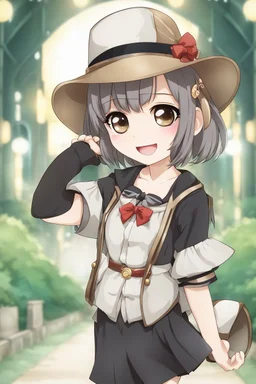 Chibi Anime girl in 1920s, nice outfit, hat, and blur background