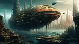 A futuristic digital illustration showcasing a dystopian parasitic vessel hovering above a decaying city, draining the life force of the inhabitants below.