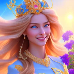 Beautyful smiling young woman, long hair amazing blue eyes, flowers, happy cosmic, bright colors, blue, pink, gold, jewels, realistic, photo real, clear sunny background, highly detailed, high contrast, 8k high definition, unreal engine 5, extremely sharp detail, light effect, sunny light background