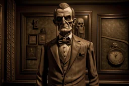 A unsettling uncanny nobleman ushering you into a creepy wax museum, fantasy, digital art, sepia