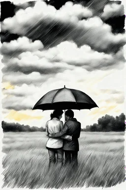 Two lovers under an umbrella, in a meadow, clouds, rainy, with sun breaking through clouds and rain. Sketch drawing, ultra high detail.