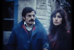 a young man and a beautiful woman standing next to each other, 1 9 8 0 s analog video, with mustache, assyrian, small glasses, cold scene, out of focus background, house on background, the woman has long dark hair, the photo shows a large, deiv calviz, before the final culling