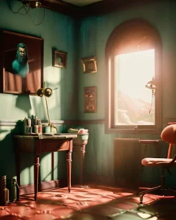 Room scene with retro hair monster, Wes Anderson style, realistic photo, concept art, smooth, unreal engine 5, god lights, ray tracing, RTX, lumen lighting, ultra detail, volumetric lighting, 3d.