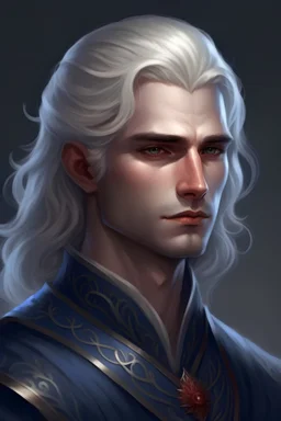 aegon Targaryen, aged 20, epitomizes Targaryen allure with his silver locks and sapphire eyes. Despite his royal lineage, his demeanor exudes youthful innocence and curiosity. He boasts a slender frame adorned with delicate features, framed by cascading silver hair. His sapphire-blue eyes reflect wisdom beyond his years, contrasting with his porcelain skin and high cheekbones. Clad in Renaissance-inspired attire, including a Frenchhood and pale blues and teals, he embodies timeless elegance amid