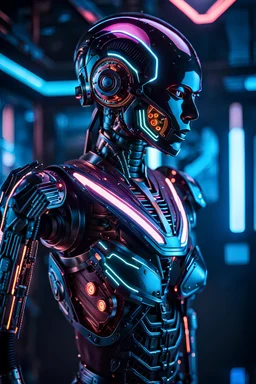 Ultra-detailed benevolent cyborg in a spaceship, with anthropomorphic cybernetic skeleton elements on metal armor, neon lights reflections, reflection mapping, intricate design and details, dramatic lighting, Cinematic lighting, Volumetric lighting, Epic composition, Photorealism, Bokeh blur, Very high detail, Sony Alpha α7, ISO1900, Character design, Unreal Engine, Octane render, HDR, Subsurface scattering