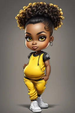 Create an airbrush image of a curvy chibi cartoon black female wearing a yellow jogger set and black sneakers. Prominent make up with hazel eyes. Extremely highly detailed of messing curly bun