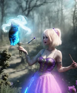 Ultra realistic wonderland photo, happy blonde woman smoking a shisha, blue dress, purple cat friend, circus dress style, old school tattoo, smoke, marijuana garden, glow eyes, perfect iris, soft color, highly detailed, unreal engine 5, cinematic, ultra detail, volumetric lighting, high definition.