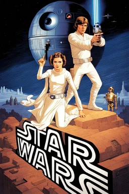 retro futurist movie poster for Star Wars episode 4 featuring luke and leia on top of a stone shaped as "STAR WARS" death star vin background, r2-d2 and C3PO behind to the right