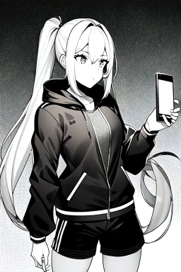 blonde girl with ponytails dressed in a jacket and shorts use cell phone's flashlight to get some light in the dark, greyscale