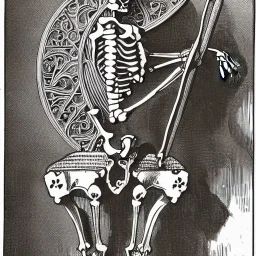 skeleton, vitruvius man, playing drums, art nouveau,