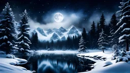 A mystical winter night scene; dark pine trees surround a snow-covered lake, reflecting the moonlight. Snowflakes twirl through the air, enchanting the serene winter forest.