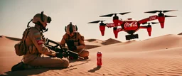 Coca-Cola Branded Military Warefare Drones, Desert, cinematic, Fuji Film, Anamorphic lens, 2040s, deep depth of field, in a Cyber punk WW3 film